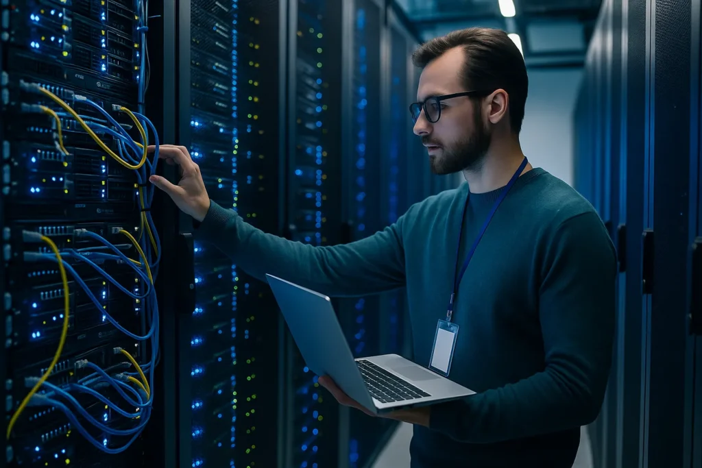A network engineer checking server racks in a modern data center with laptop in hand