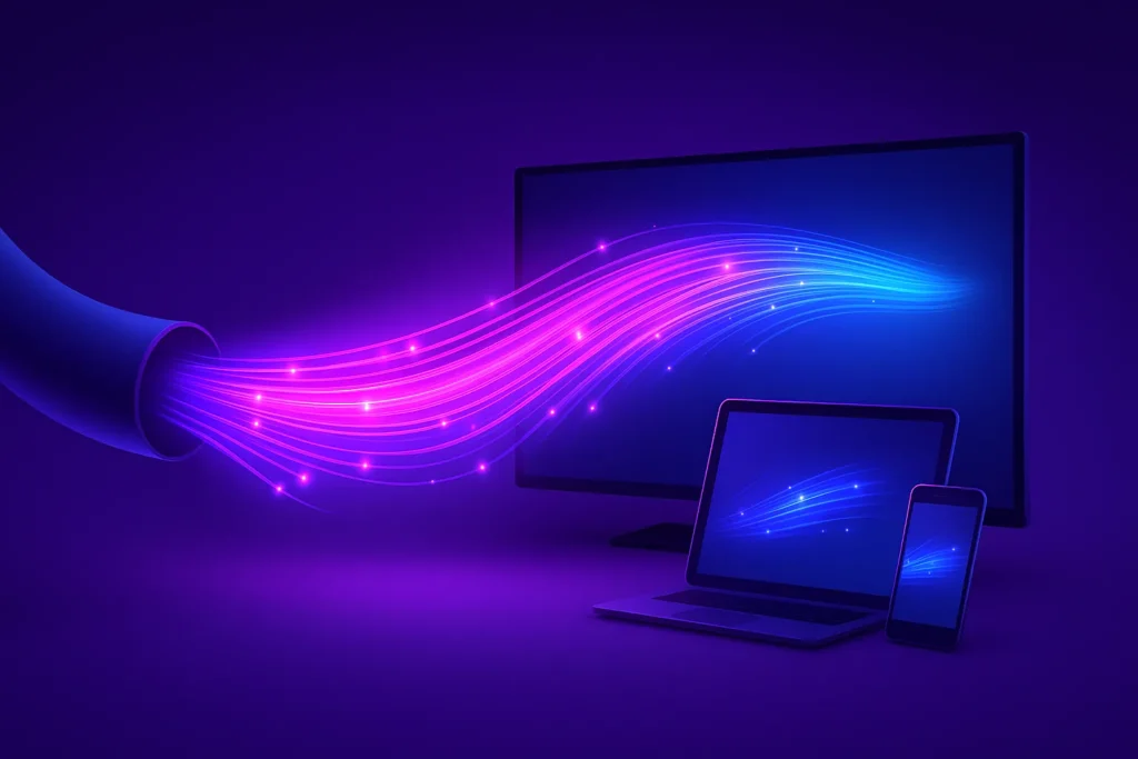 Illustration of a glowing fiber-optic cable with light beams smoothly flowing into a TV, smartphone, and tablet, symbolizing fast streaming on multiple devices