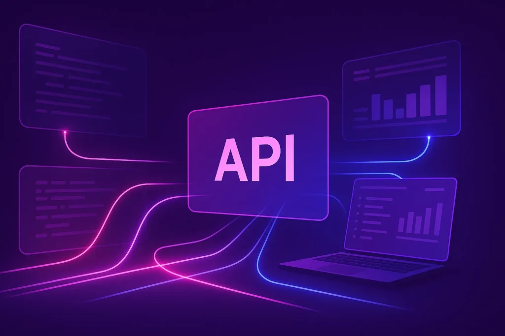 Abstract digital illustration showing connected glowing data panels representing IPTV API access and integration.