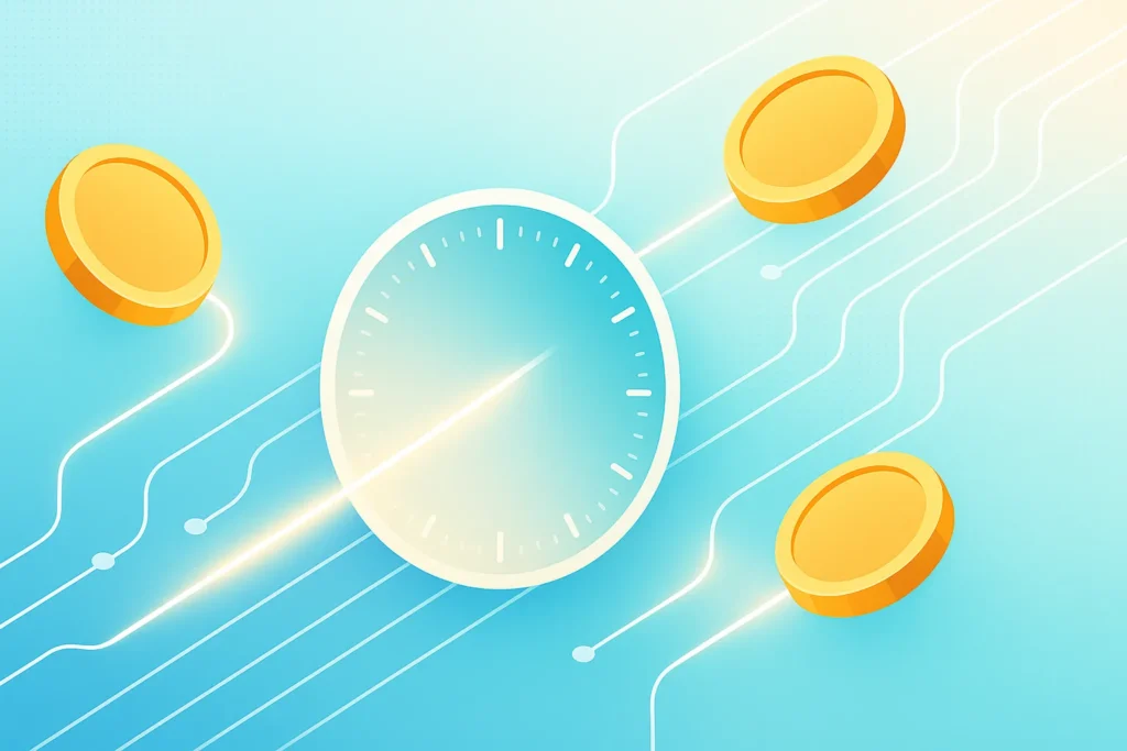 Digital golden coins flowing smoothly through glowing circuits representing IPTV reseller credits that do not expire.