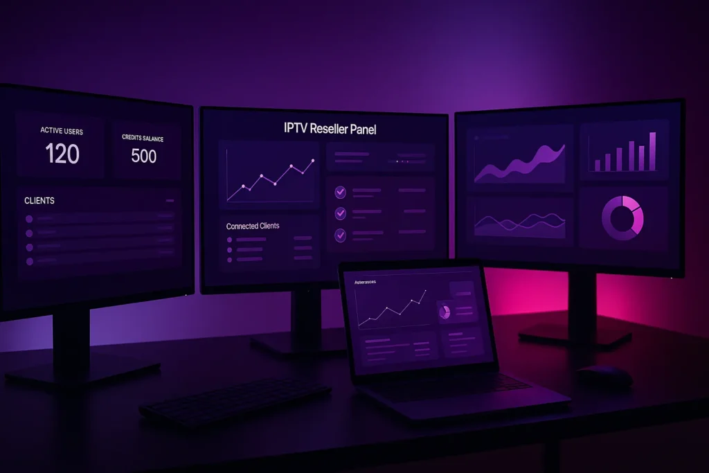 Modern workspace with multiple monitors displaying IPTV reseller dashboard and analytics interface with purple lighting