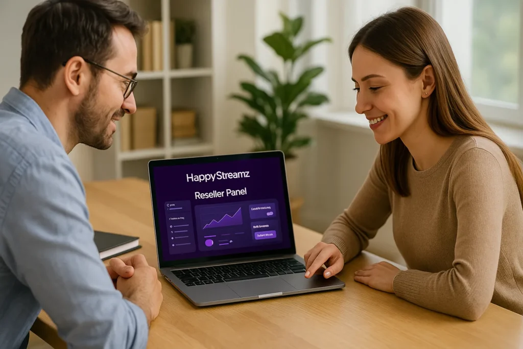 Two colleagues discussing the HappyStreamz IPTV reseller panel on a laptop in a bright modern office