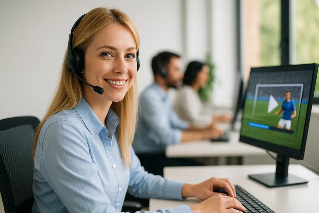 A blond female technical support agent with a headset working at her desk in a bright office with colleagues in the background