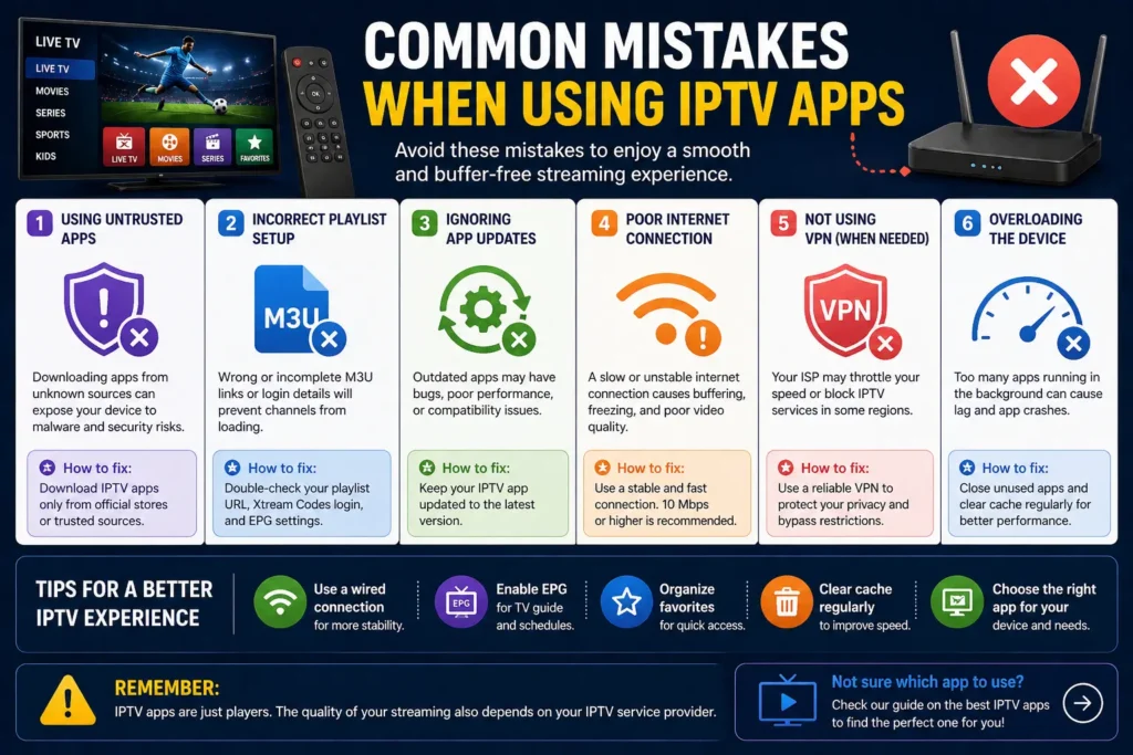 Infographic showing common mistakes when using IPTV apps such as using untrusted apps, incorrect setup, poor internet connection and not updating apps