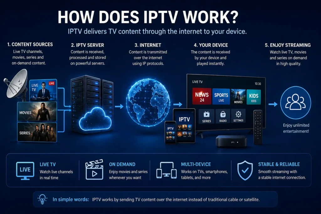 Infographic explaining how IPTV works, showing content sources, IPTV server, internet transmission, and streaming on devices like TV and smartphone