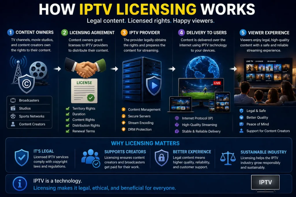 Infographic explaining how IPTV licensing works including content owners, licensing agreements, IPTV providers and delivery to users