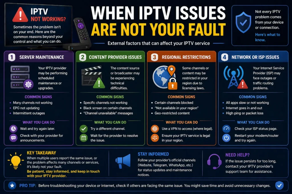 Infographic showing IPTV issues not caused by user including server maintenance, content provider problems, regional restrictions and ISP network issues