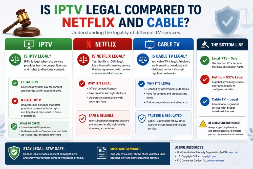 Infographic explaining legality of IPTV compared to other TV services, showing licensed usage, legal streaming practices and content distribution rules