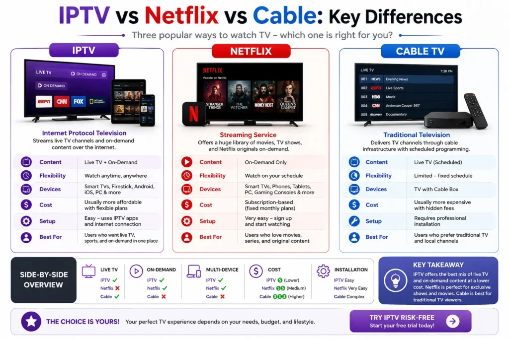Infographic showing key differences between IPTV, Netflix and cable TV including content type, flexibility, devices, cost and setup comparison