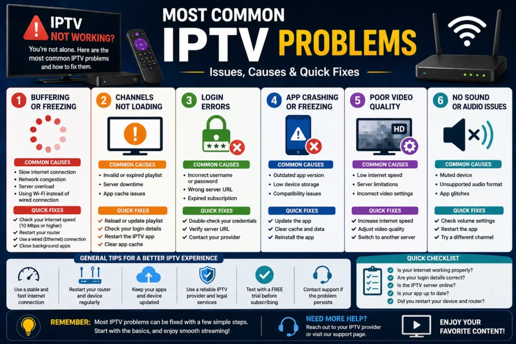 Infographic showing most common IPTV problems including buffering, channels not loading, login errors, app crashes, poor video quality and audio issues