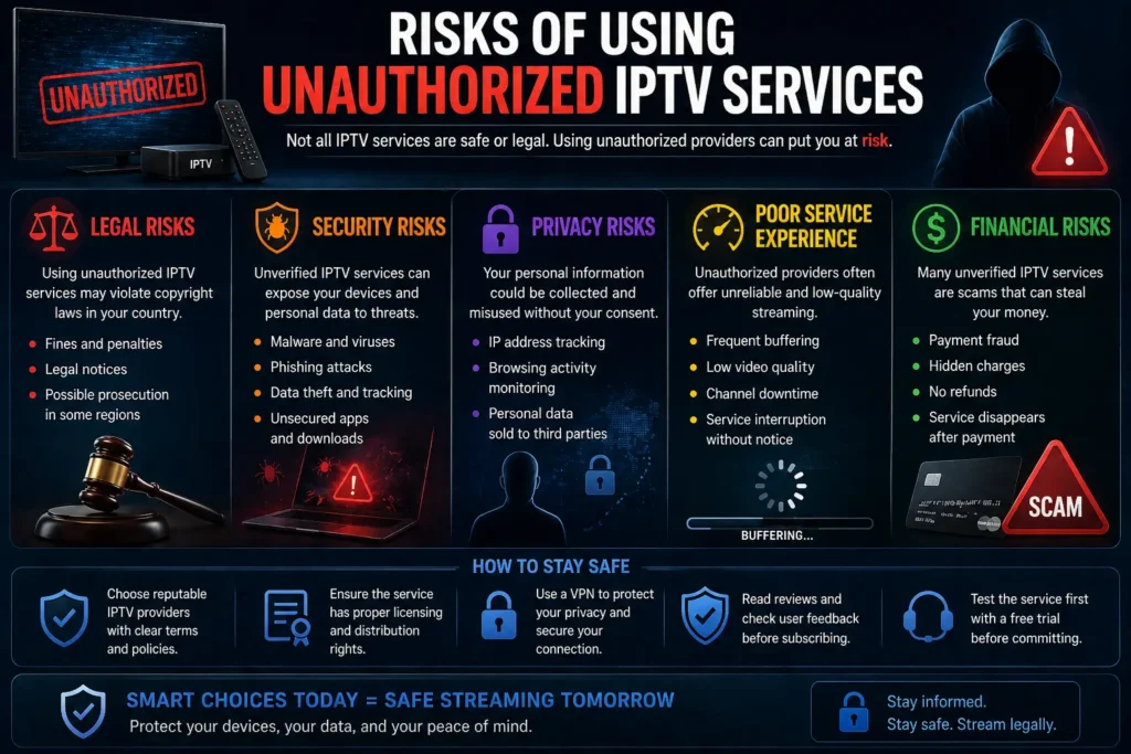 Infographic showing risks of unauthorized IPTV services including legal issues, security threats, privacy risks, poor streaming quality and financial scams