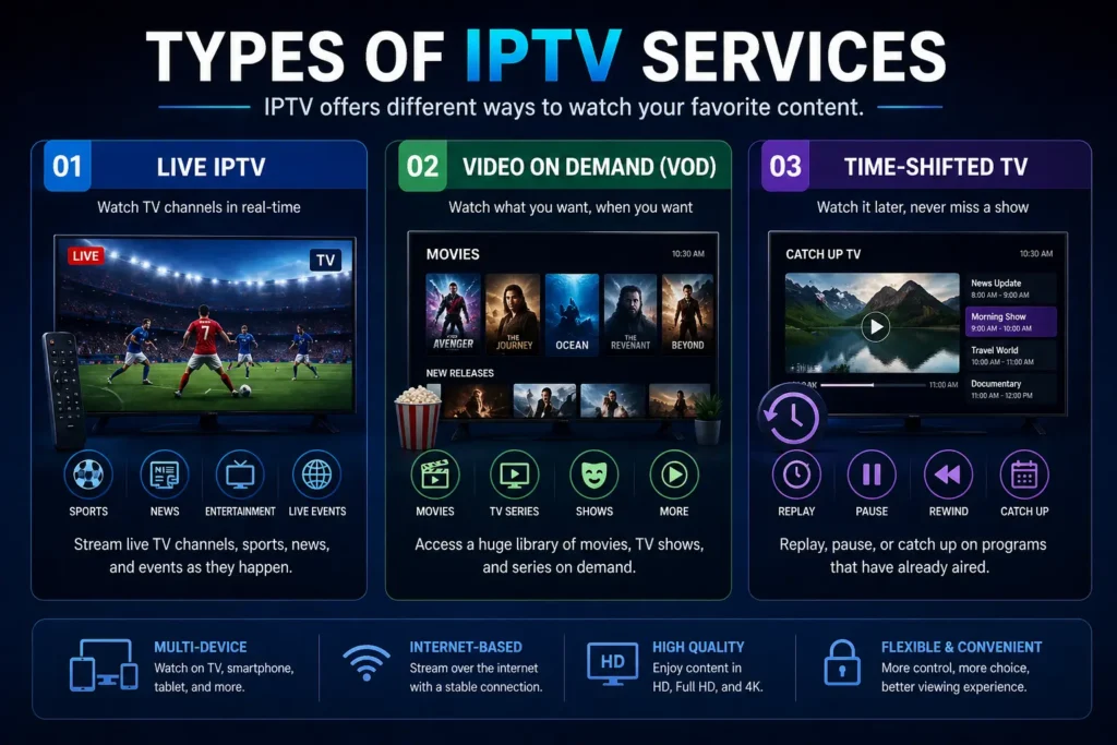 Infographic showing types of IPTV services including live IPTV, video on demand and time-shifted TV with examples of streaming content